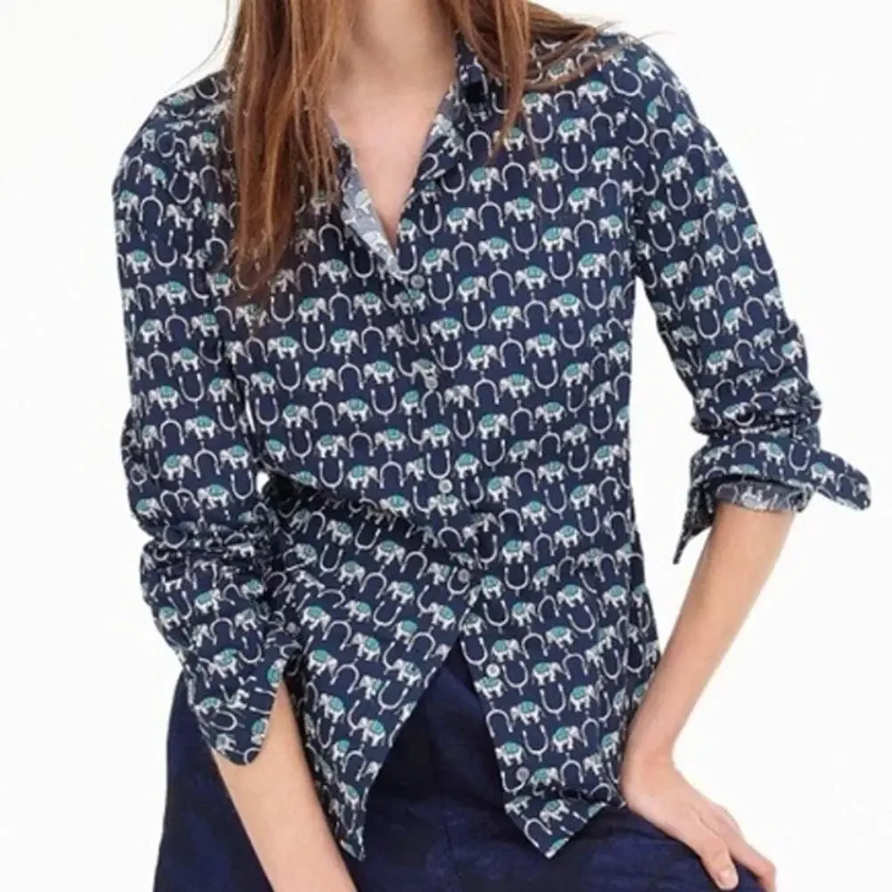 J. Crew Long Sleeve Perfect Fit Novelty Print Elephants Shirt 00 Navy Blue White